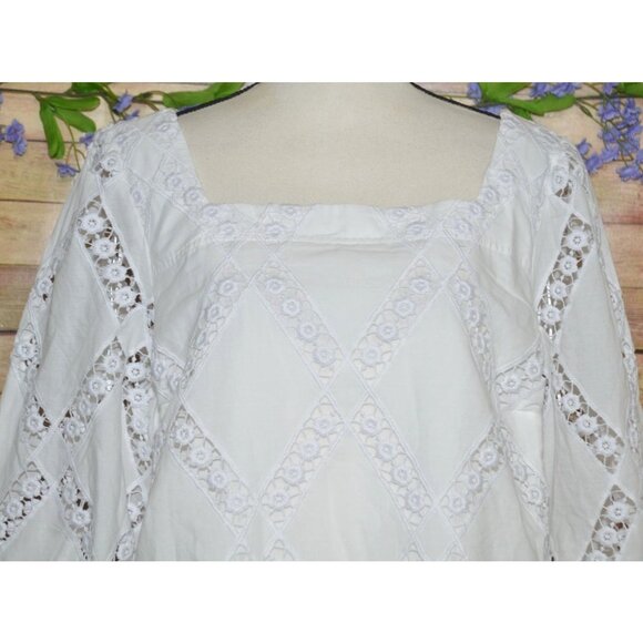 Ann Taylor White Pullover Blouse Top Size XL 3/4 Puff Sleeve Cotton Square Neck - Picture 2 of 11